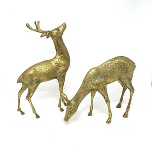 Vintage Large Brass Deer Set of 2 Buck Doe Classic Heavy Holiday Decor Regency